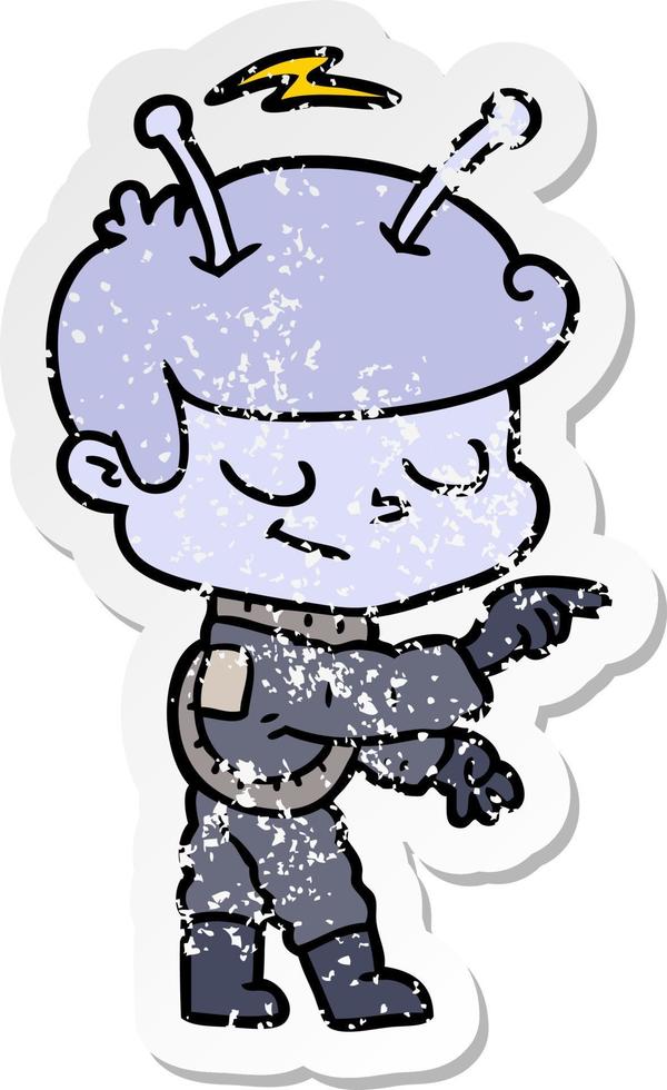 distressed sticker of a friendly cartoon spaceman pointing vector