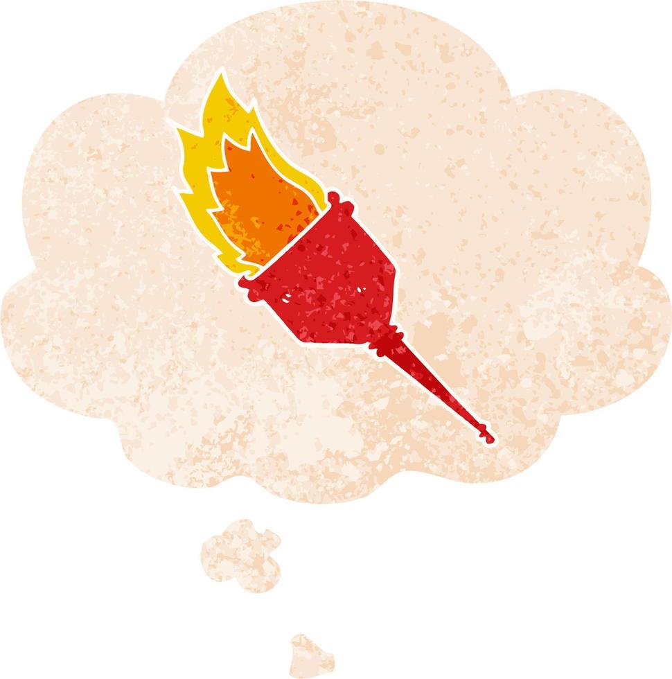 cartoon flaming torch and thought bubble in retro textured style vector