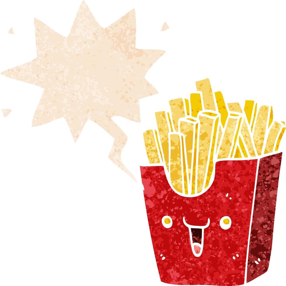cute cartoon box of fries and speech bubble in retro textured style vector