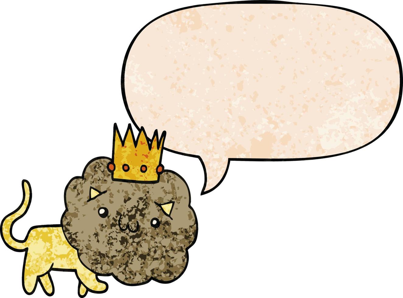 cartoon lion and crown and speech bubble in retro texture style vector