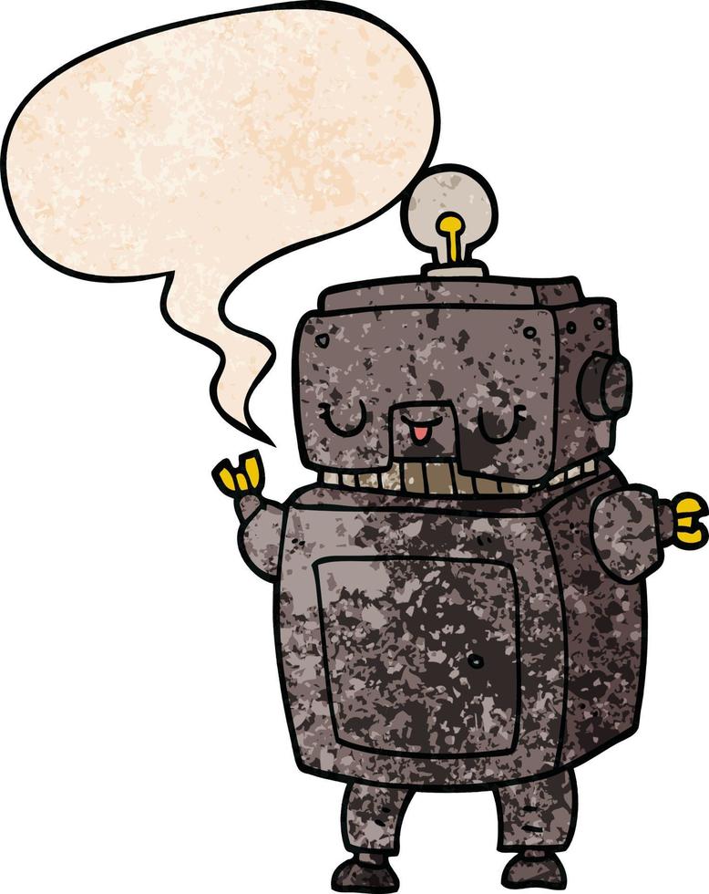 cartoon robot and speech bubble in retro texture style vector