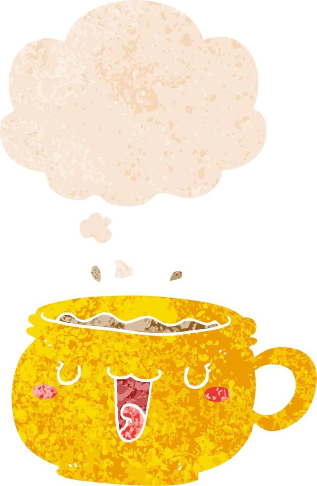 cute cartoon coffee cup and thought bubble in retro textured style vector