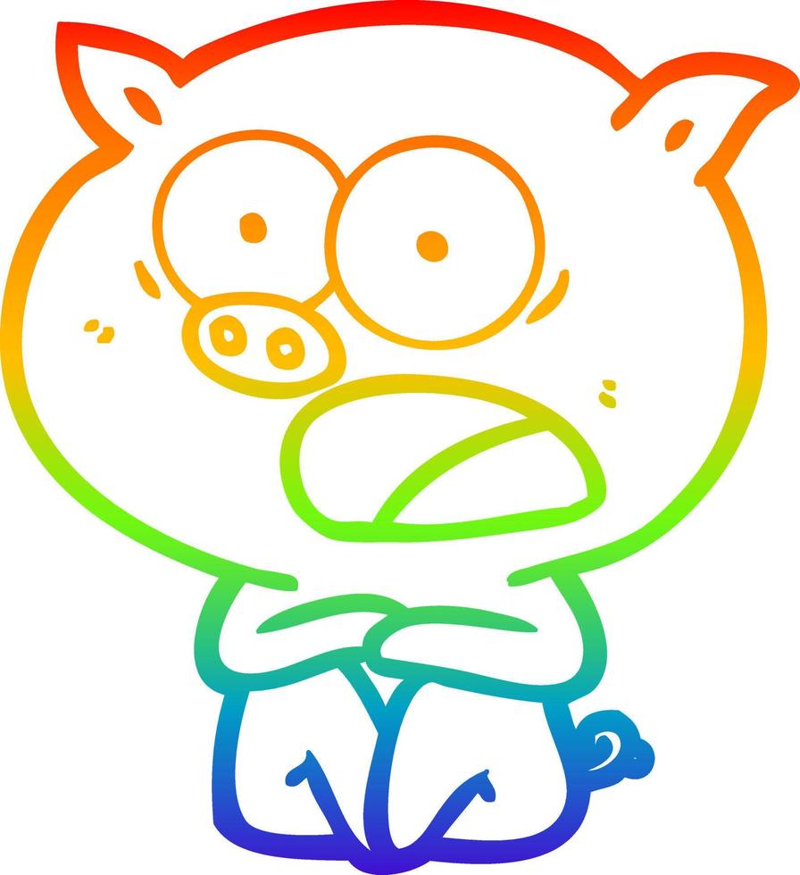 rainbow gradient line drawing shocked cartoon pig sitting down vector