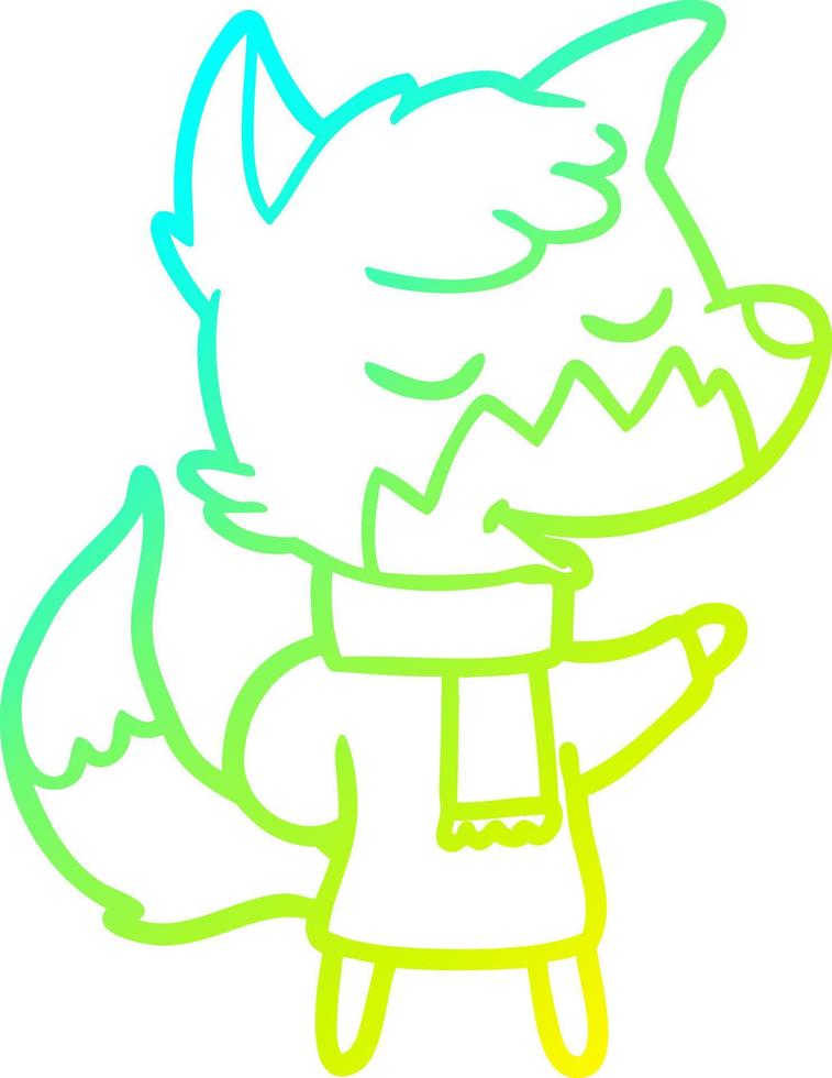 cold gradient line drawing friendly cartoon fox in winter clothes vector