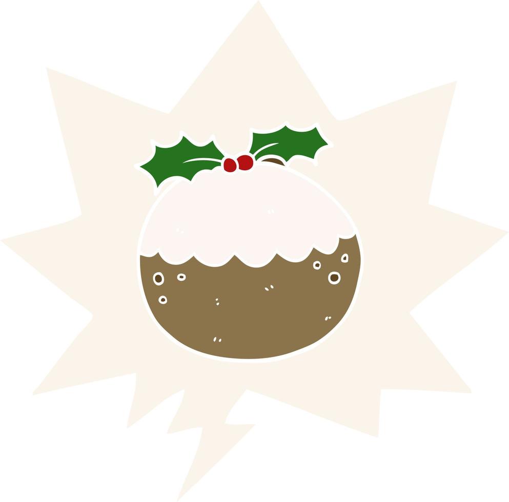 cartoon christmas pudding and speech bubble in retro style vector