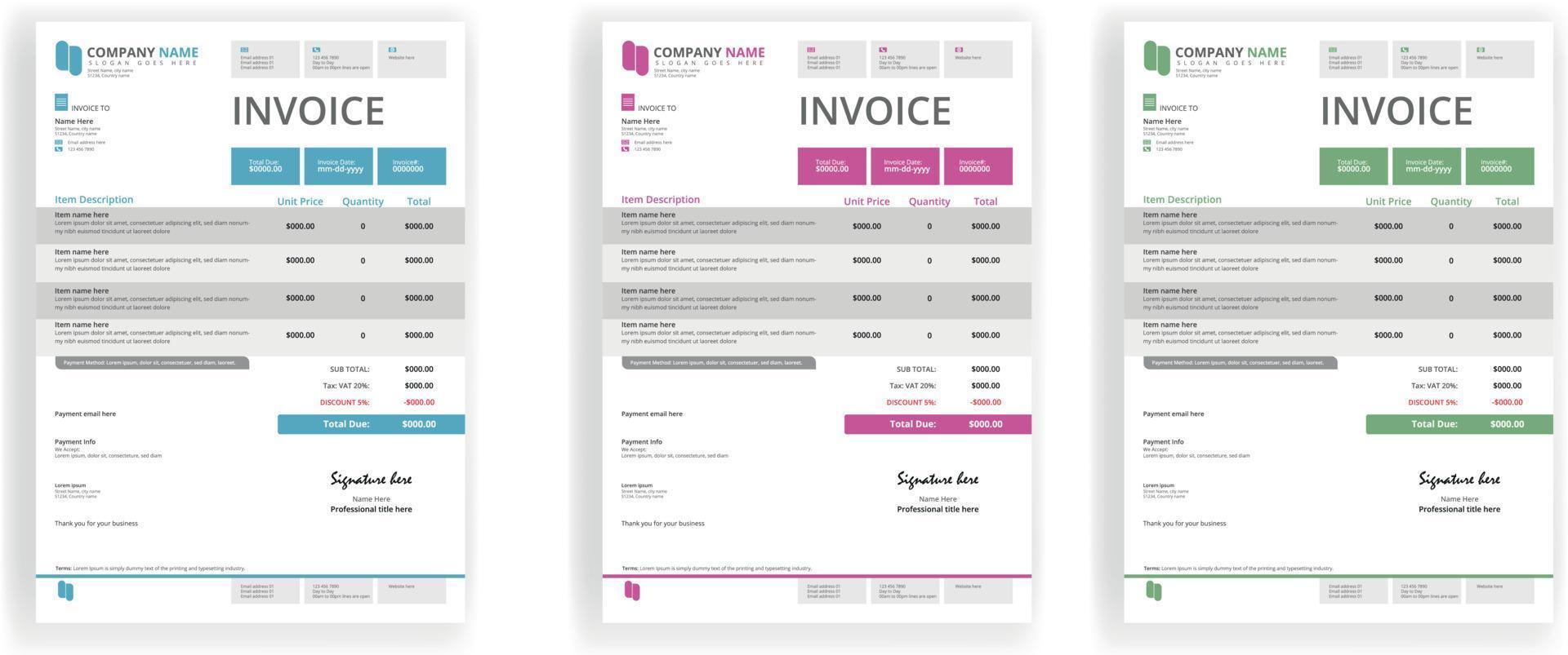 Invoice template with three colors vector