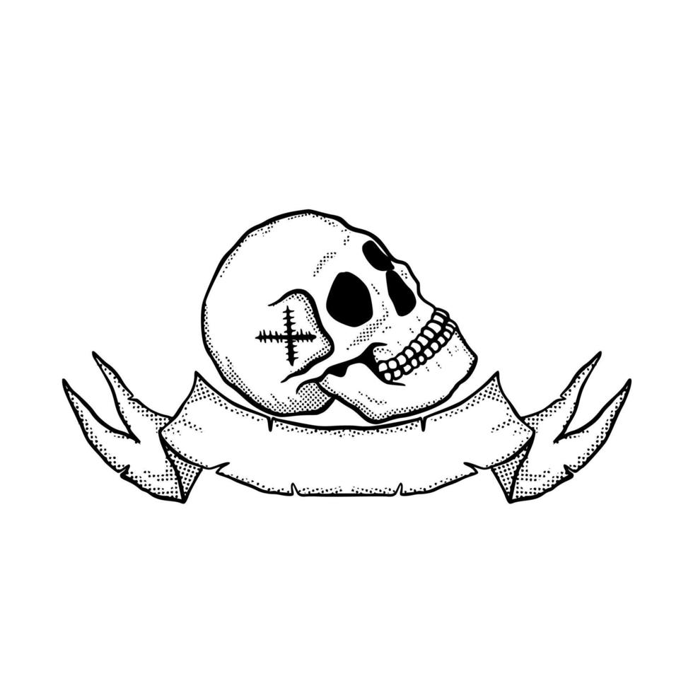Skull ribbon doodle illustration hand drawn vector