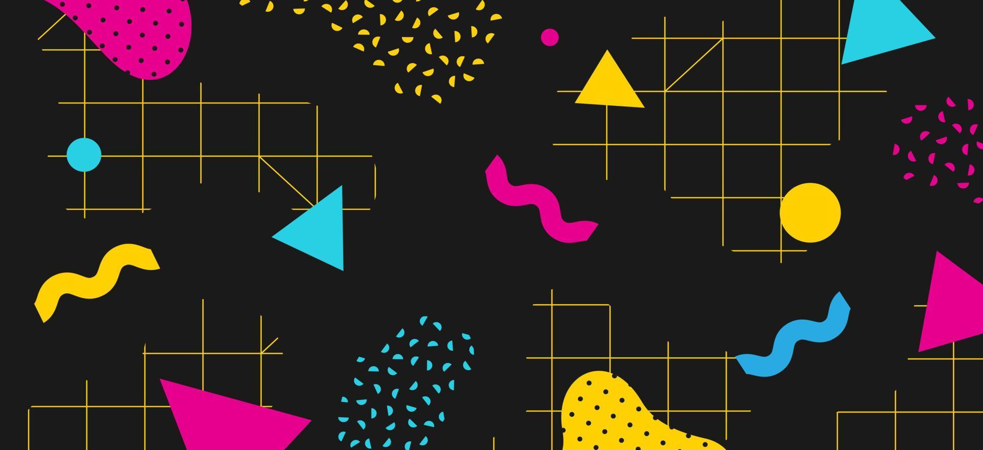 Background in the style of the 80s with multicolored geometric shapes on the black background vector