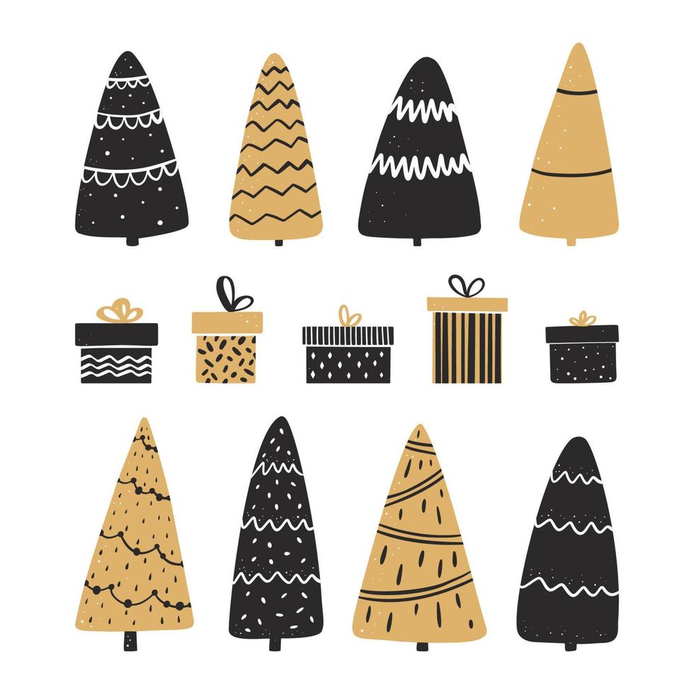conjunto de árboles de navidad y regalos de dibujos animados vector