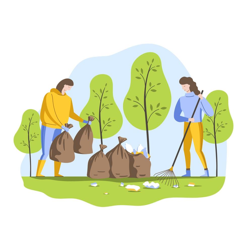 Volunteers clean up garbage in the forest vector