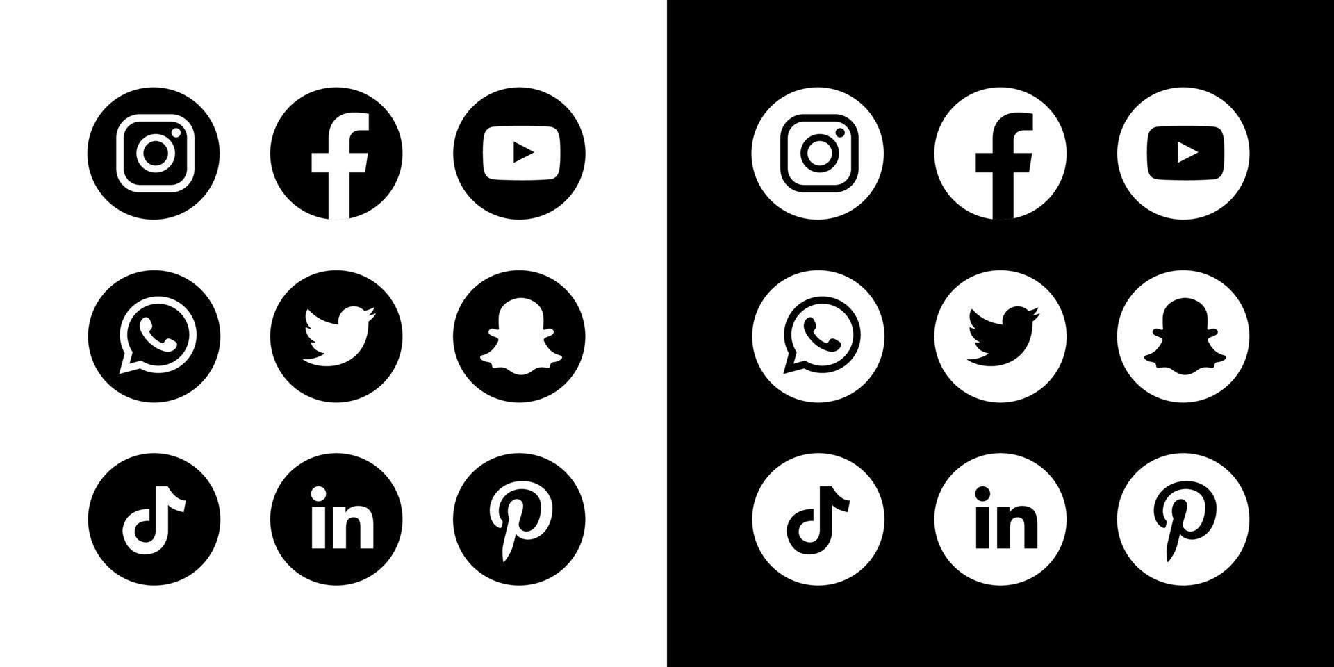 iconos de redes sociales redondos en blanco y negro vector