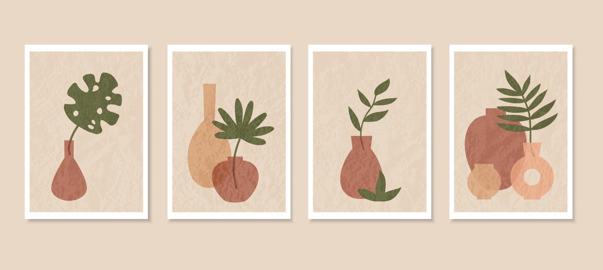 fondo de arte abstracto minimalista con plantas en jarrón. Pon carteles boho con hojas tropicales. estilo bohemio. ilustraciones vectoriales estéticas para invitación, tarjetas de felicitación, decoración de paredes. vector