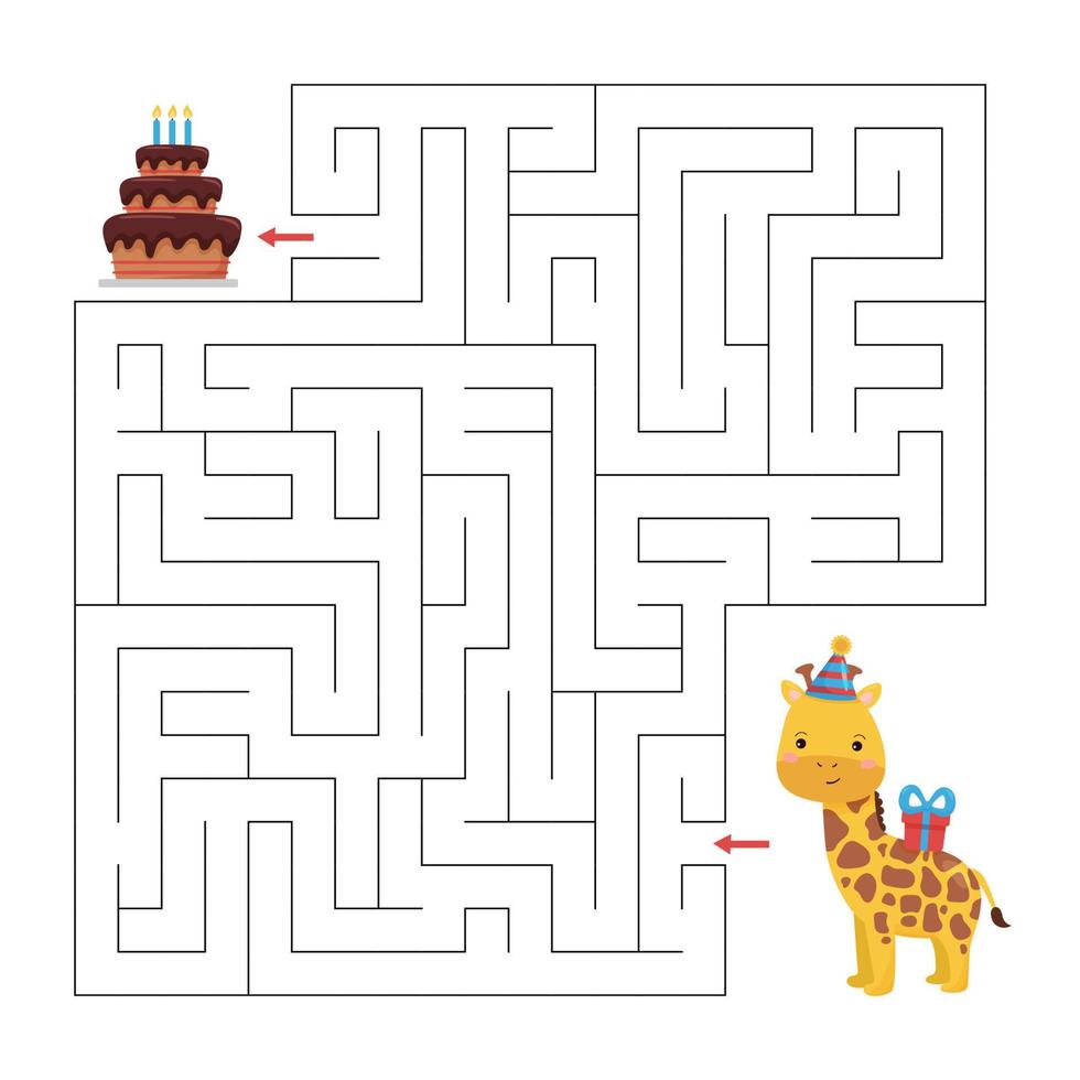 Birthday maze game for children. Help the giraffe find right way to cake. Cute cartoon character. Educational printable worksheet. vector