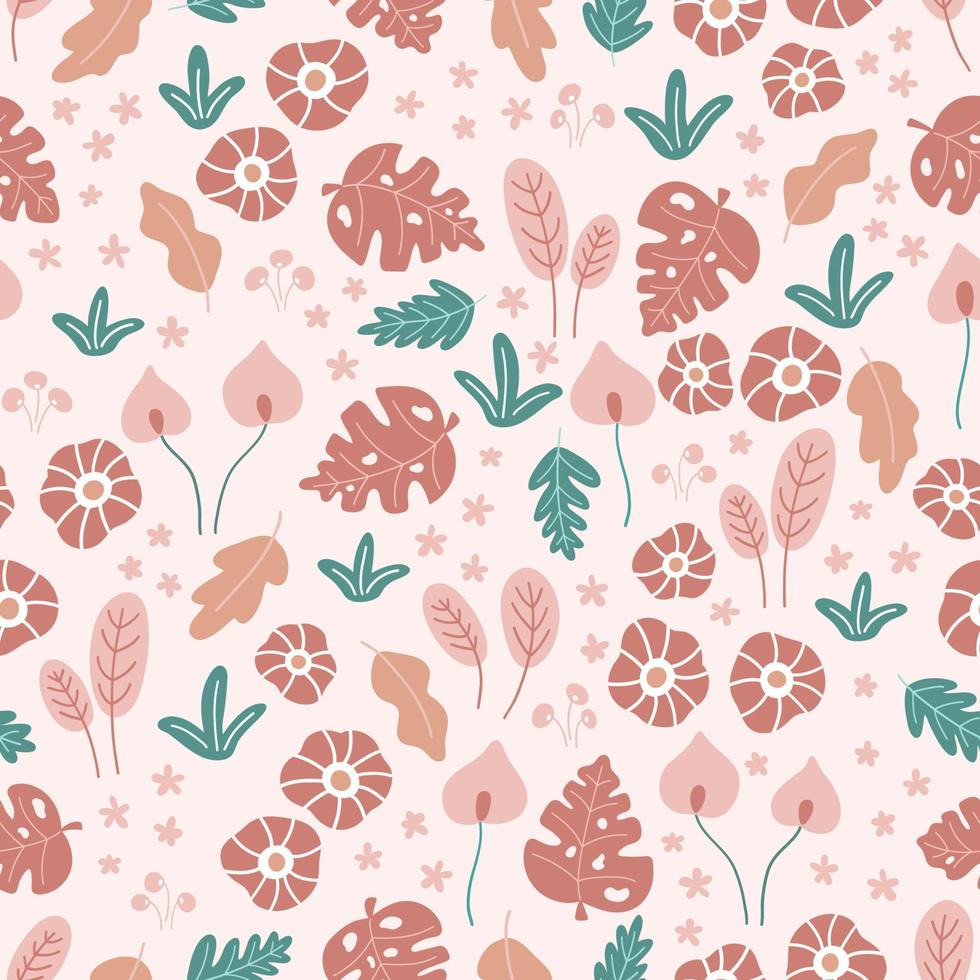 Floral seamless pattern with doodle flowers and leaves on pink background. Tropical hand drawn plants. Vector illustration.