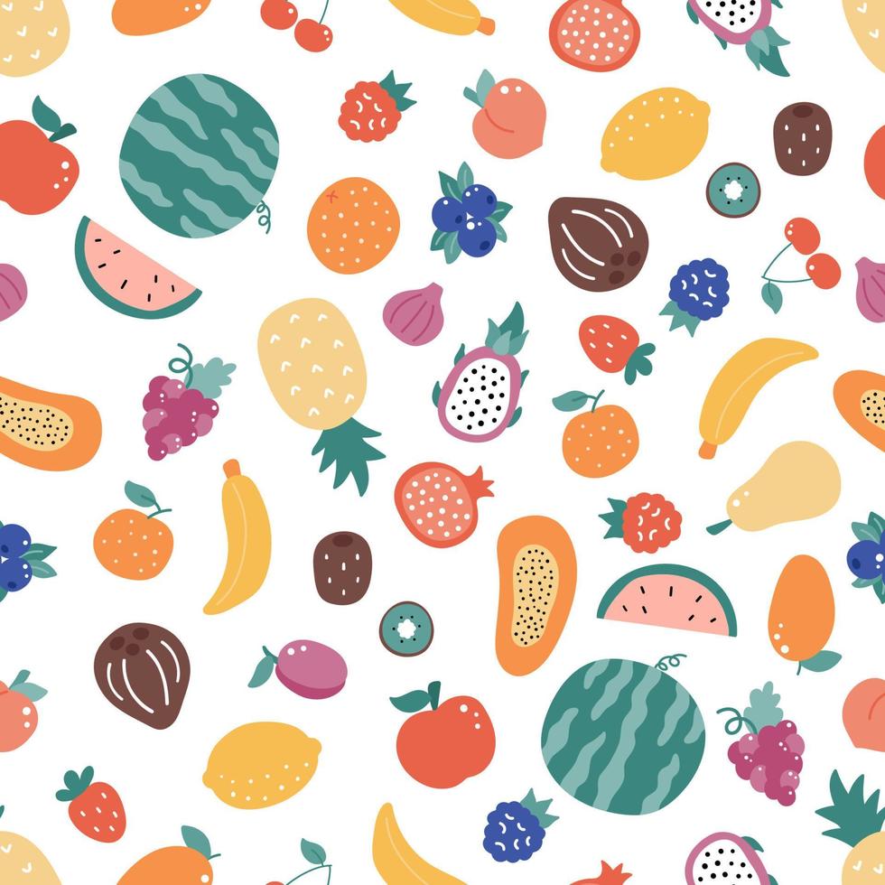 patrón sin costuras con frutas de garabato sobre fondo blanco. comida fresca orgánica extraída a mano. frutas exóticas y tropicales. ilustración vectorial vector