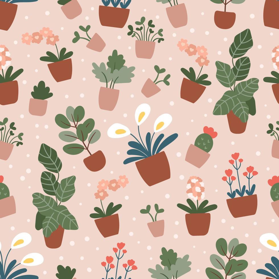 Vector seamless pattern with hand drawn house plants in pots. Trendy pastel pink colors. Doodle flowers - orchid and cactus.