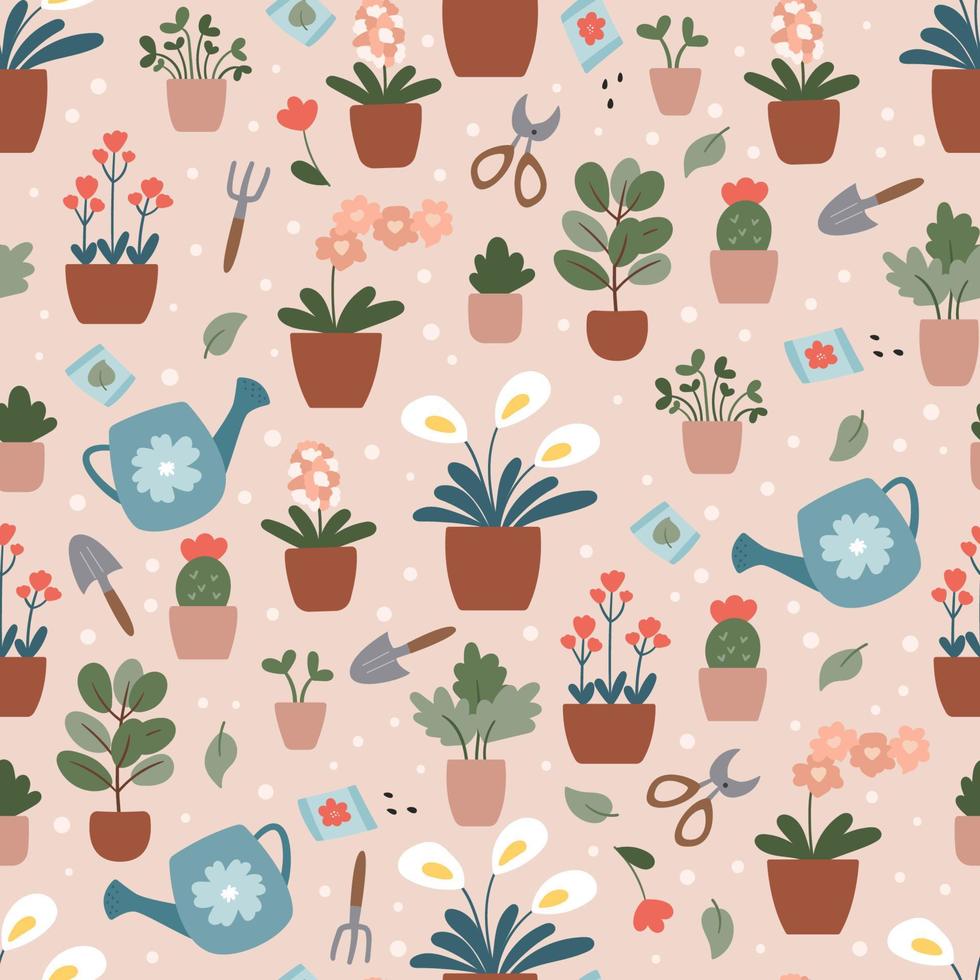 Vector seamless pattern with flowers and plants in pots. Home gardening illustration. Hand drawn garden tools.