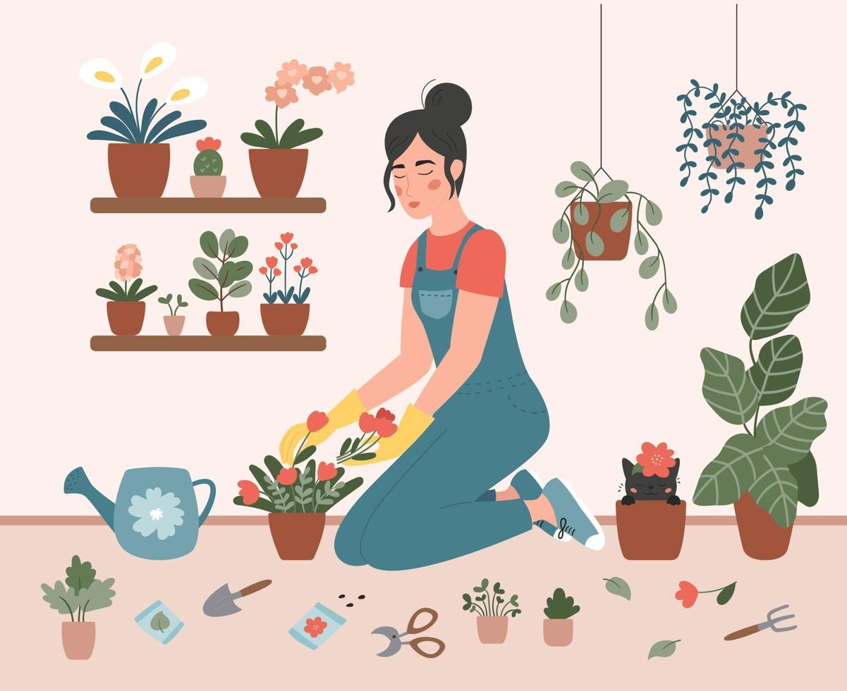 A woman is planting flowers in pots at home. Girl is engaged in gardening.  Hand drawn vector flat illustration. Scandinavian style cozy interior. Cute cat in flower pot. Urban jungle.