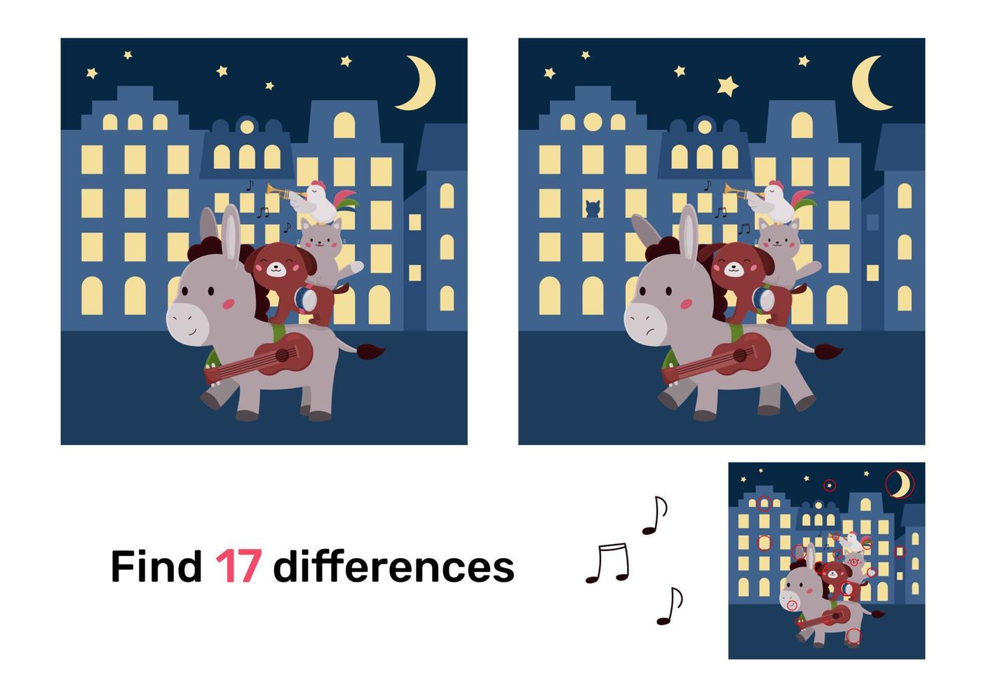 encontrar diferencias. juego educativo con personajes de músicos de la ciudad de bremen. animales de dibujos animados kawaii. cuento de hadas clásico. rompecabezas para niños. ilustración vectorial vector