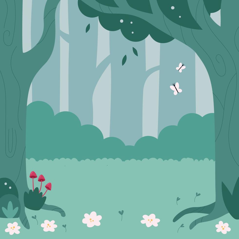 Flat cartoon forest landscape with mushrooms, flowers, butterfly and trees. Green monochrome colors. Vector illustration ideal for banners design, children books and greeting cards.
