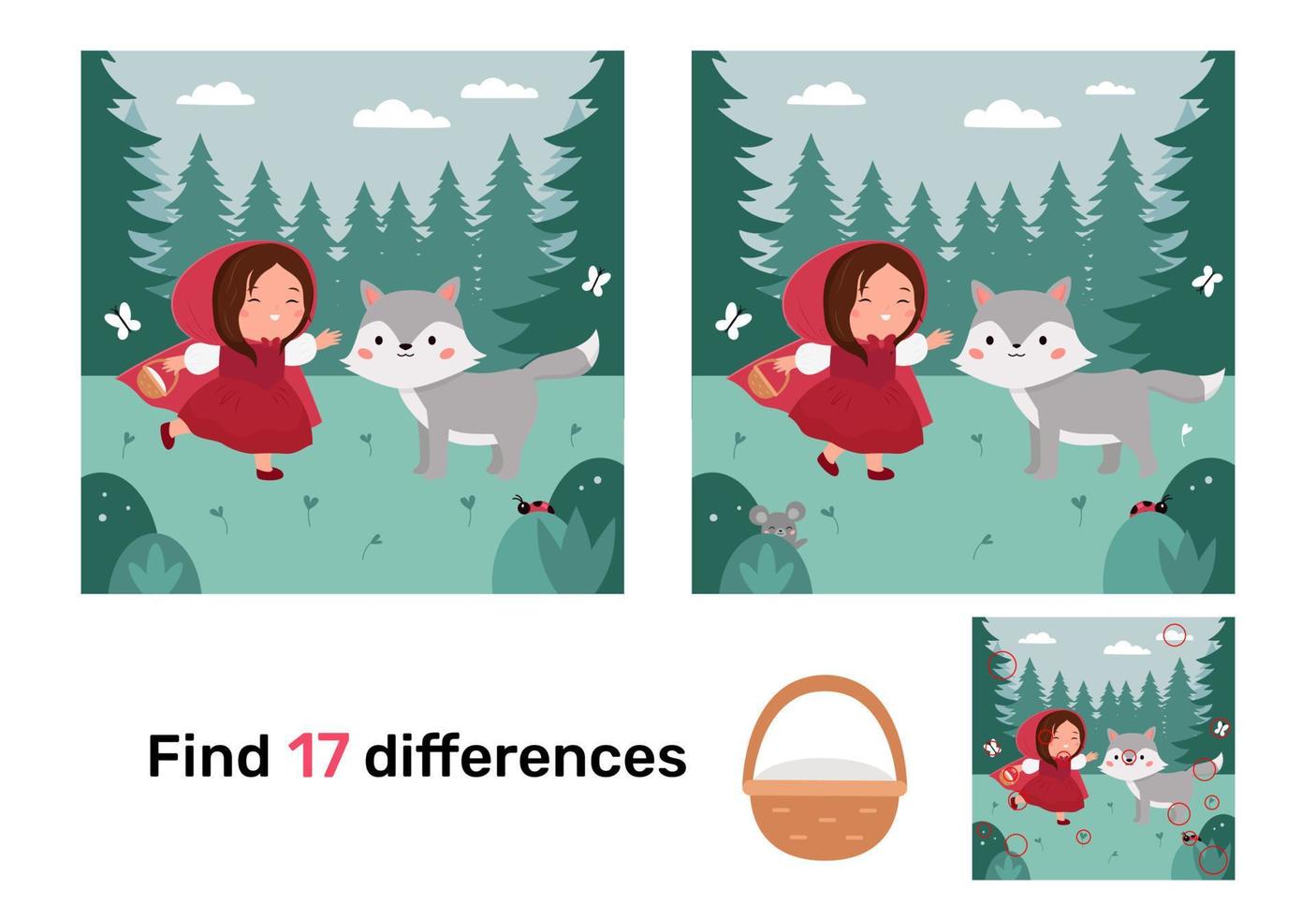 Educational game for children. Find differences. The Little Red Riding Hood and gray wolf. Classical fairy tale. Puzzle for kids. Cartoon kawaii characters. Vector illustration.