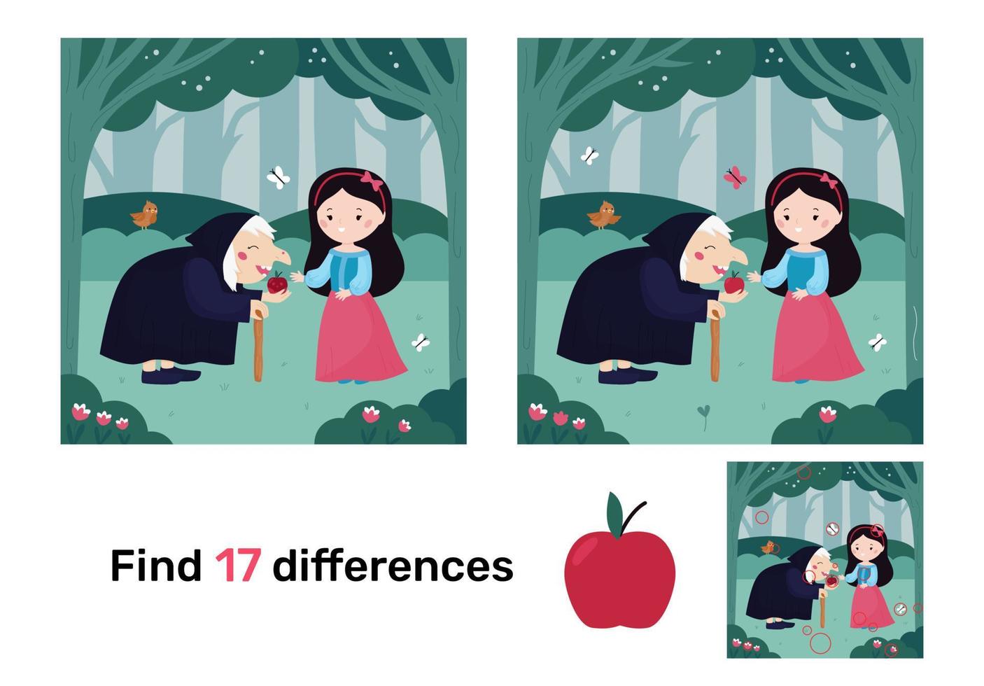 Educational game for children. Find differences. Snow White princess and witch. Kawaii cartoon characters. Classical fairy tale. Puzzle for kids. Vector illustration.