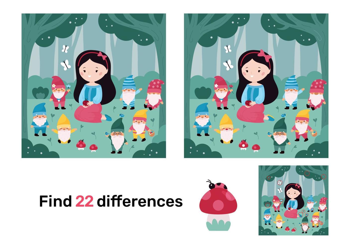 Educational game for children. Find differences. Snow White and seven dwarfs fairy tale. Kawaii cartoon characters. Puzzle for kids. Vector illustration.