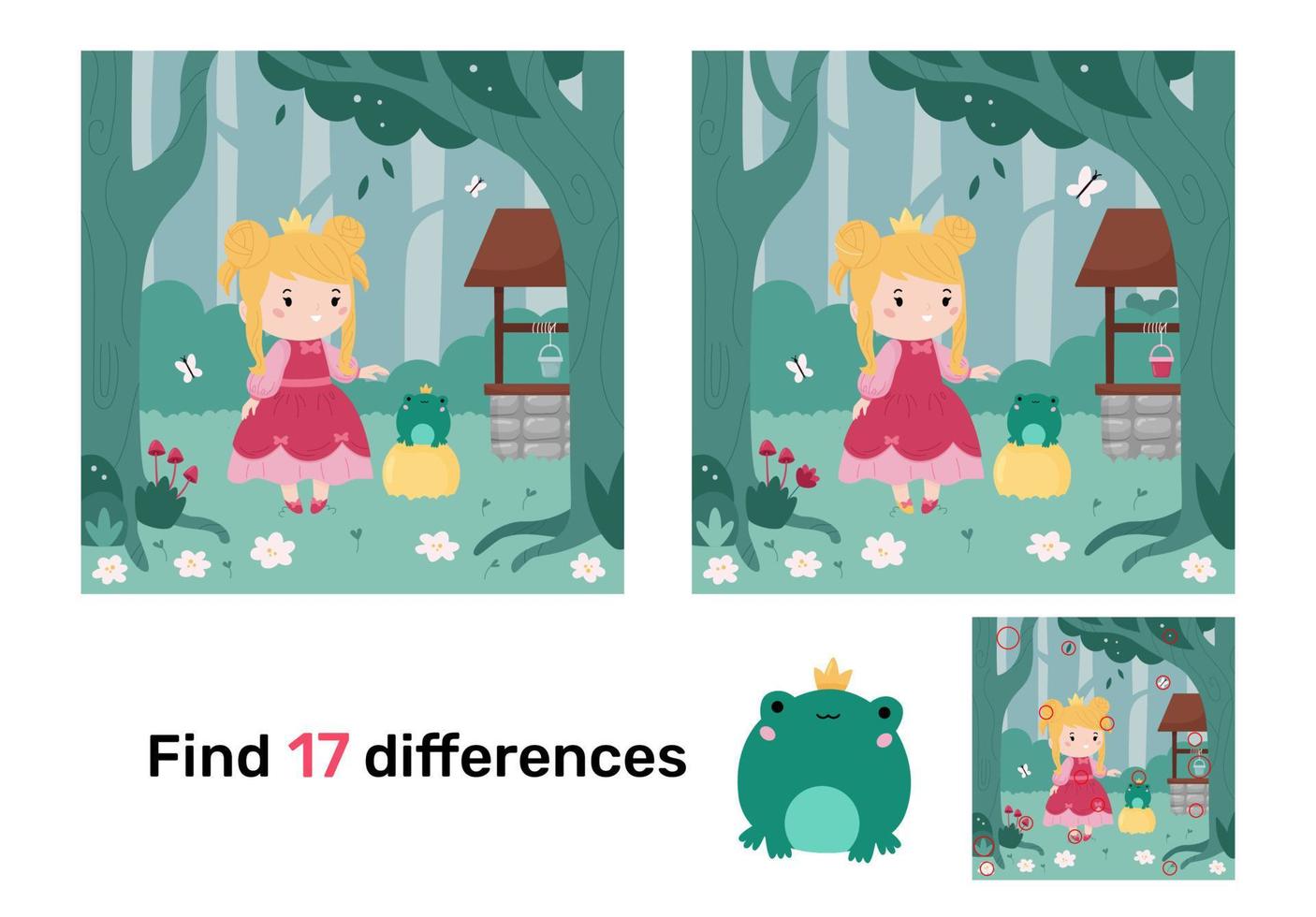 juego educativo para niños. encontrar diferencias. rana rey de cuento de hadas clásico. princesa con príncipe rana. personajes de dibujos animados kawaii. rompecabezas para niños. ilustración vectorial vector