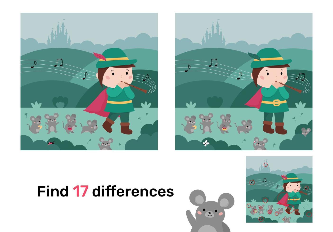 encontrar diferencias. juego educativo para niños. cuento de hadas clásico. el flautista de hamelín tocando la flauta con ratones. lindos personajes de dibujos animados kawaii. rompecabezas para niños. ilustración vectorial vector