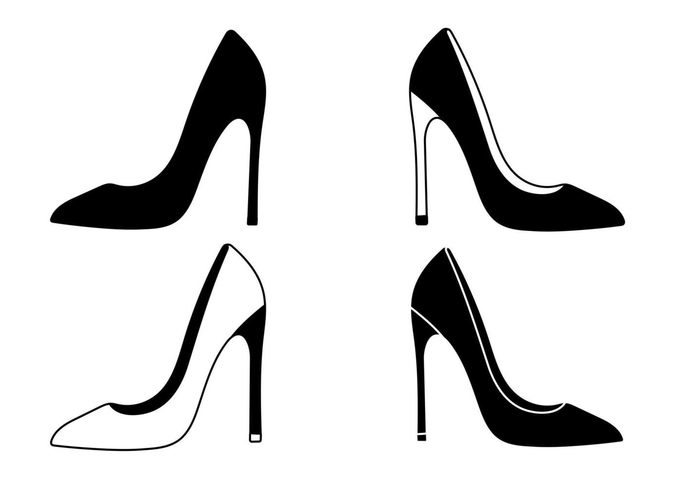 Set of outline black and white silhouette of women's shoes with heels