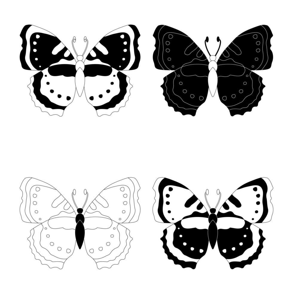 conjunto de especies, insectos mariposas en blanco y negro, estilo plano. vector