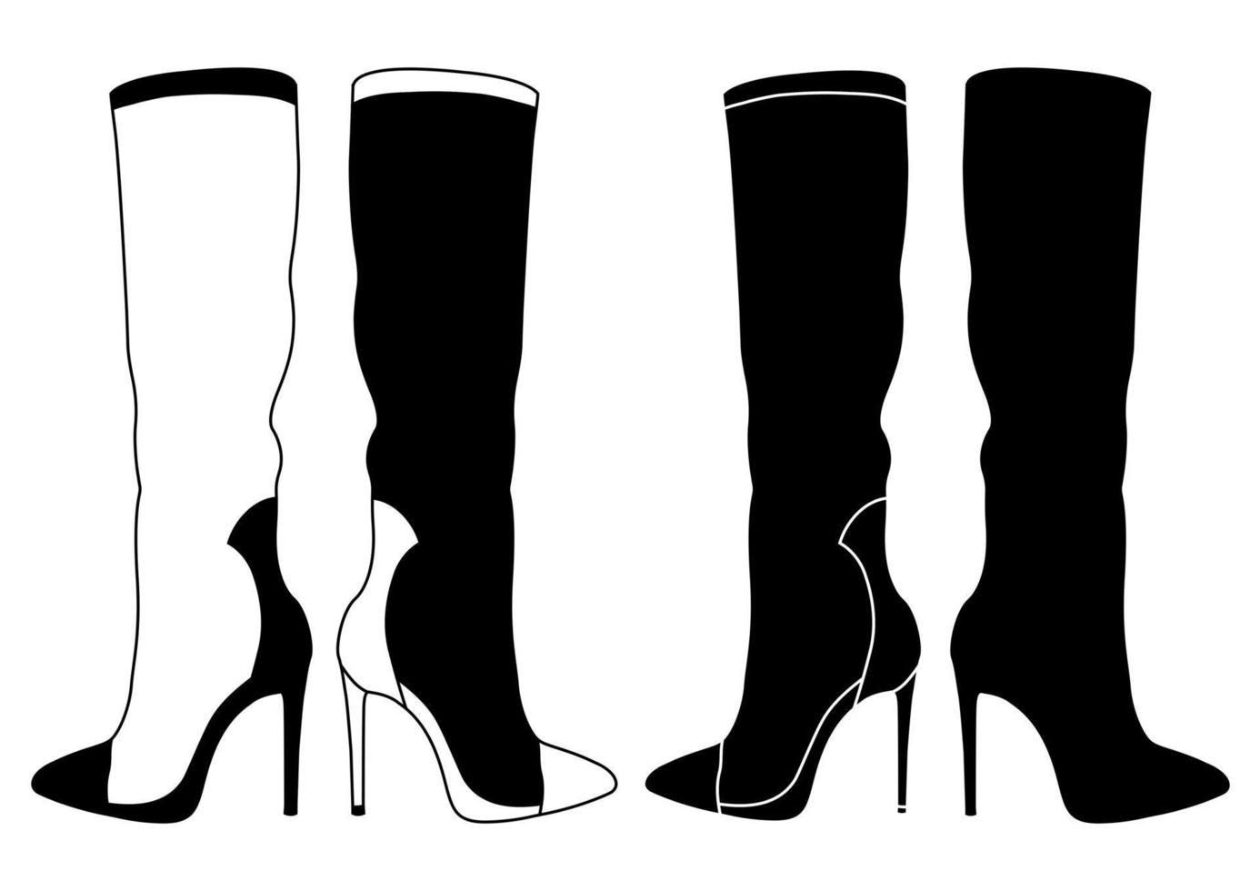 Set of outline black and white silhouette of women's shoes, boots, ankle boots. Women's shoe model. Flat style. vector