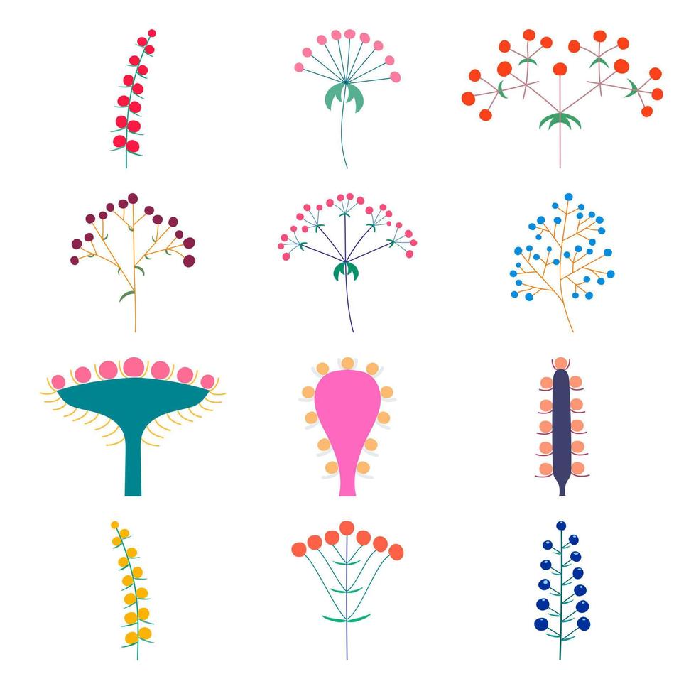 Vector set of flower inflorescences of plants on the stem. Flat style.