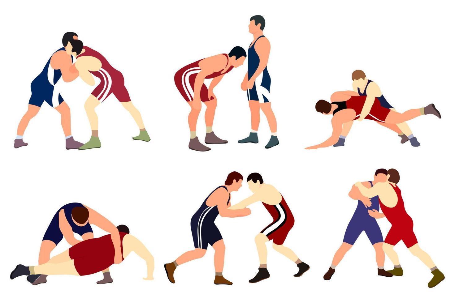 Vector collection of athletes wrestlers in wrestling, duel, fight. Greco Roman, freestyle, classical wrestling.