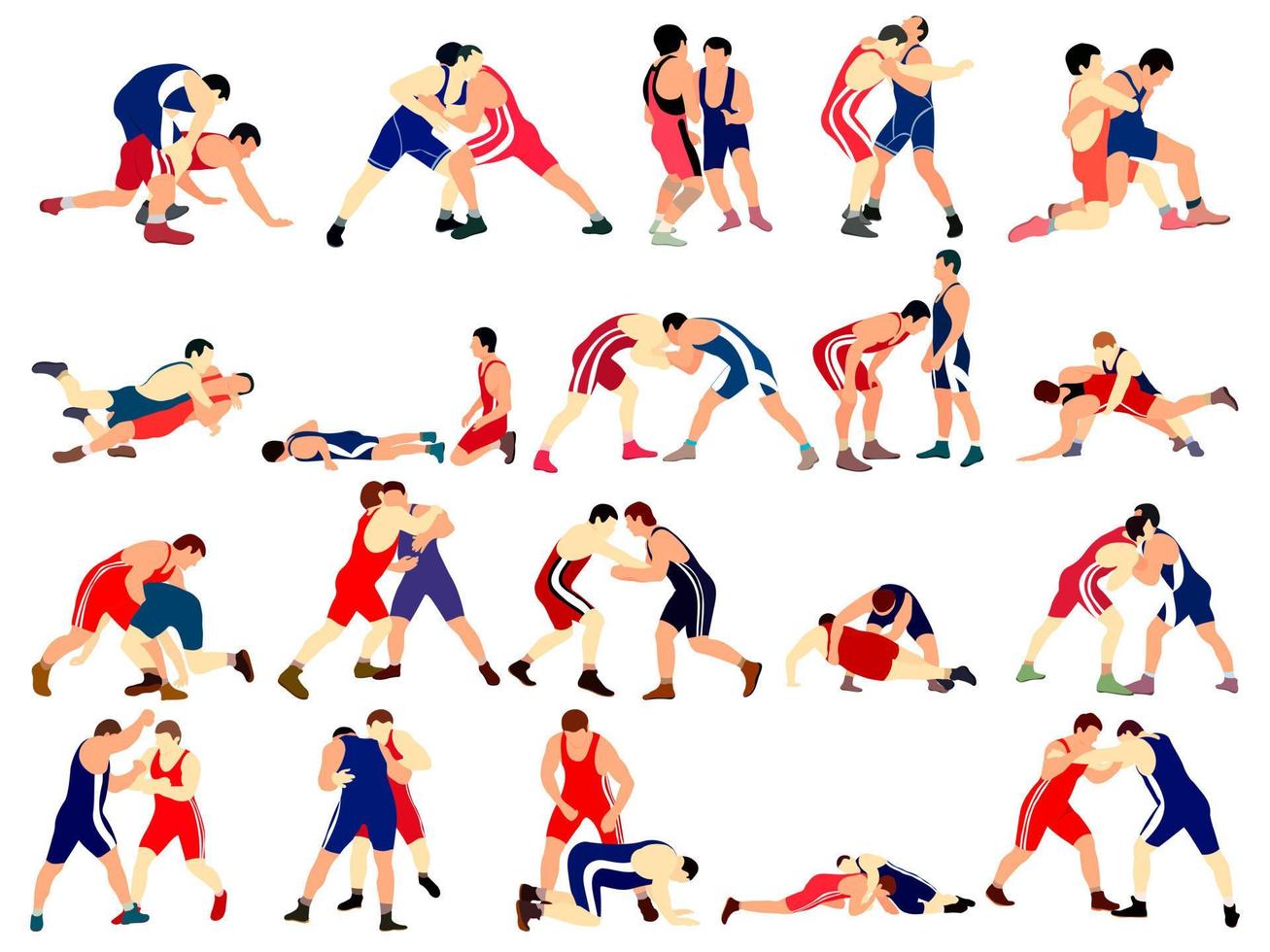 A set of athletes wrestlers in the fight, duel, fight. Greco Roman, freestyle, classical wrestling. vector