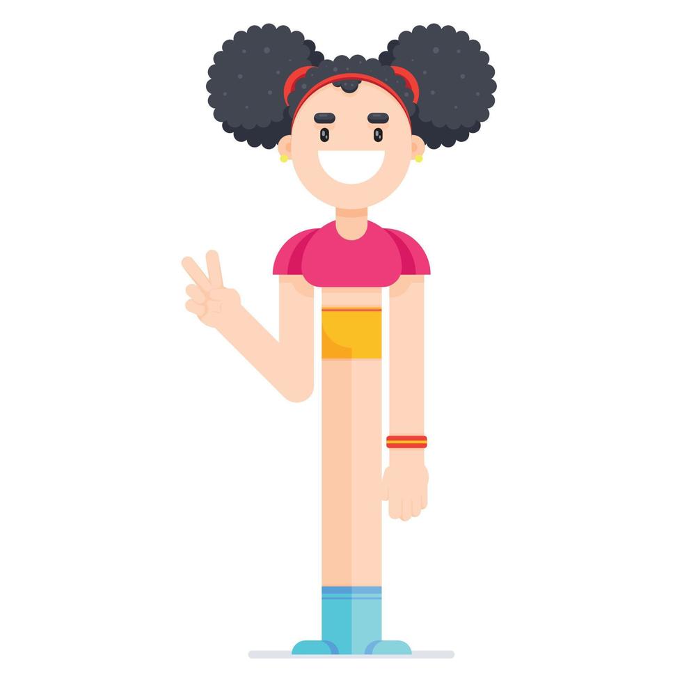 linda chica feliz está de pie y mostrando el signo de la victoria. personaje de chica adolescente de diseño plano, aislado en un fondo blanco. vector