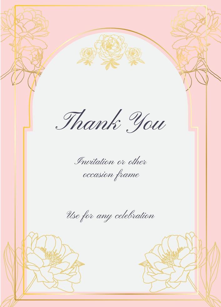 Golden floral invitation card frame with peonies vector