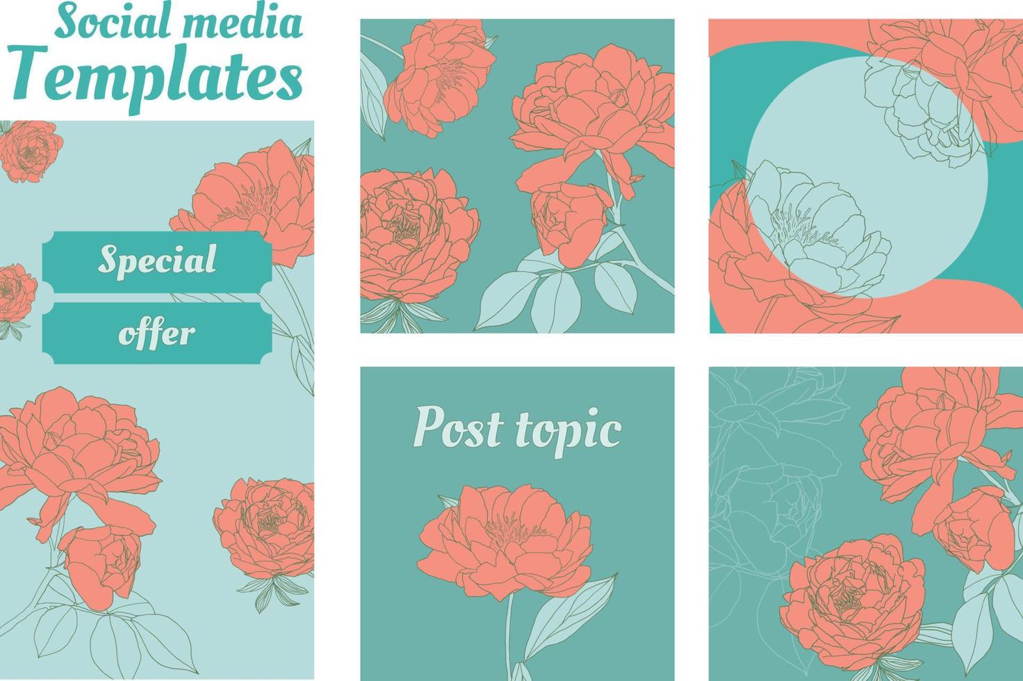 plantillas de fondo de redes sociales flores de peonía dibujadas a mano vector