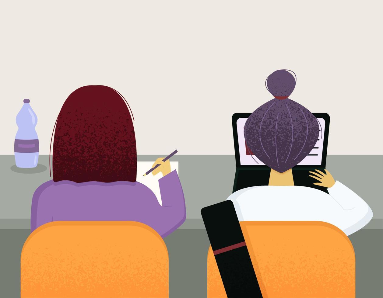 Girls sitting sitting at the table. Education concept with students, pupils or business. Vector illustration