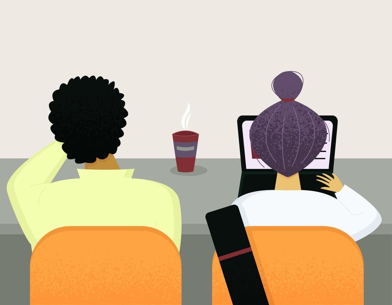 Boy and girl sitting in the audience. Education concept with students, pupils. Vector illustration