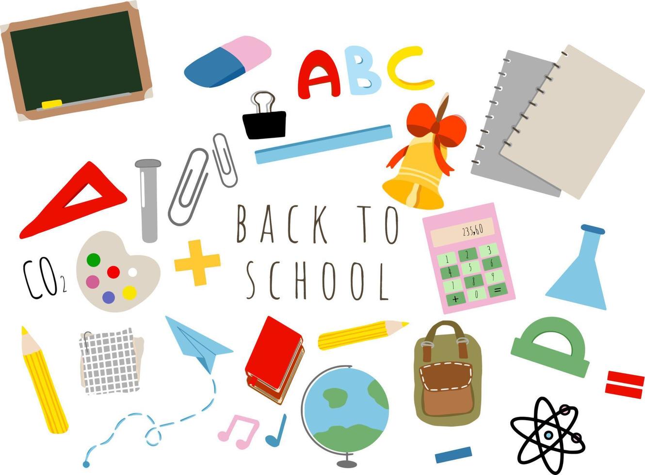 Welcome back to school, education elements, vector banner with school supplies and colorful text. Vector illustration. Lessons at school.