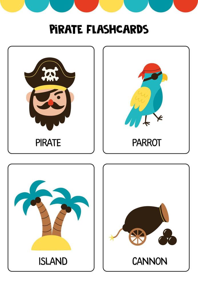 Cute pirate elements with names. Flashcards for children. vector