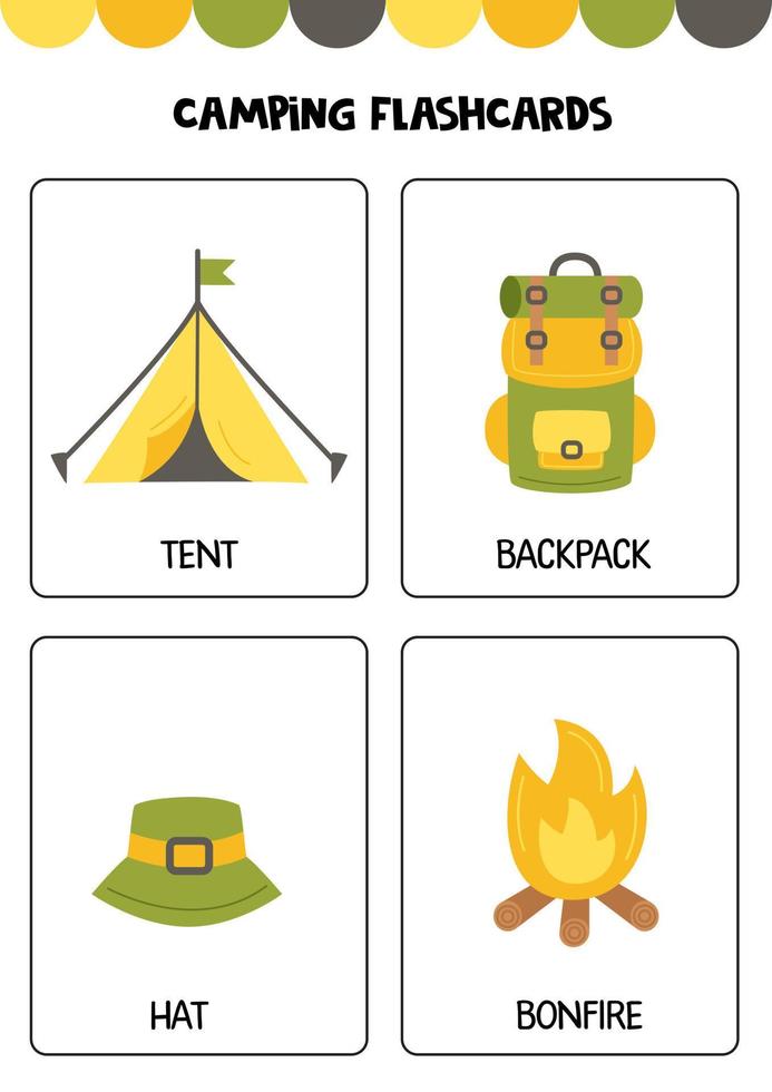 Cute camping elements with names. Flashcards for children. vector