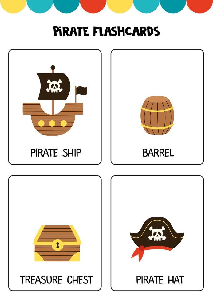 Cute pirate elements with names. Flashcards for children. vector