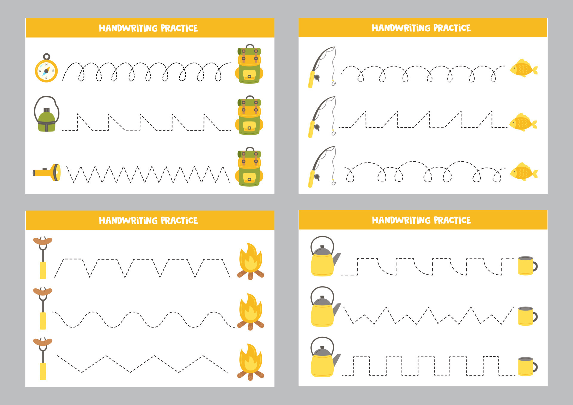 Set of tracing lines worksheets with camping elements. Writing practice