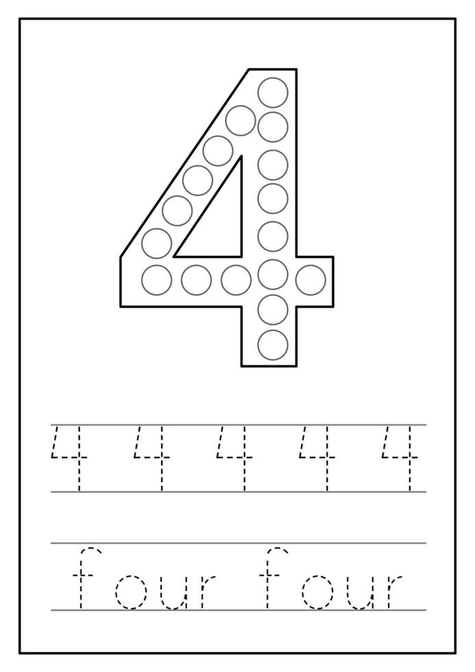 Learning numbers for kids. Number four. Math worksheet. vector