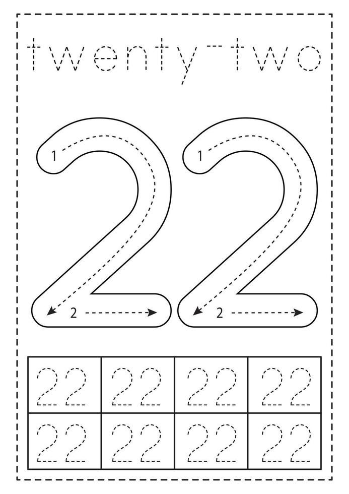 Tracing number twenty two. Preschool worksheet. Black and white. vector