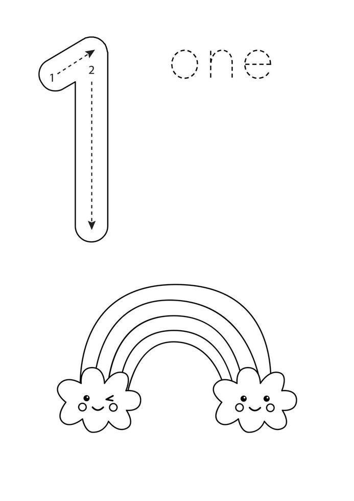 Flashcard number 1. Preschool worksheet. Black and white rainbow. vector