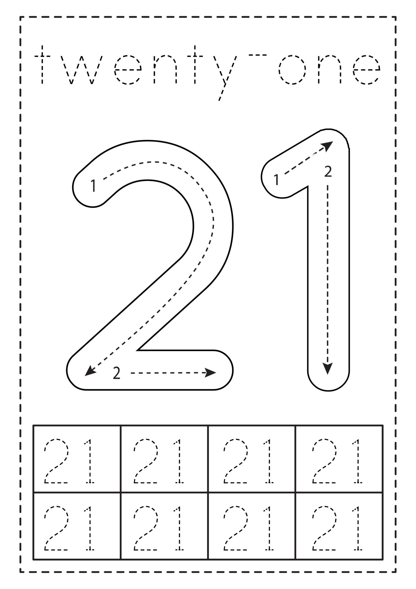 Tracing number twenty one. Preschool worksheet. Black and white
