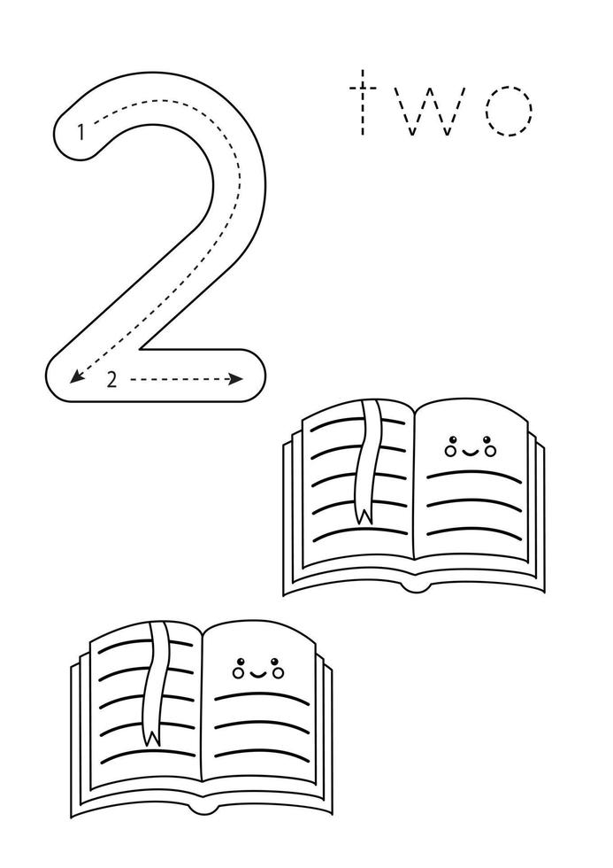 Flashcard number 2. Preschool worksheet. Black and white books. vector